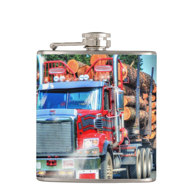 Red Logging Truck Highway Driving Art Truckers Hip Flask (Front)