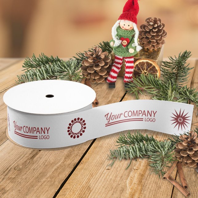 Red Logo Red Snowflake Business Logo Holiday Gift Grosgrain Ribbon (white ribbon with red business logo, red company holiday christmas gift ribbon, promotional logo)