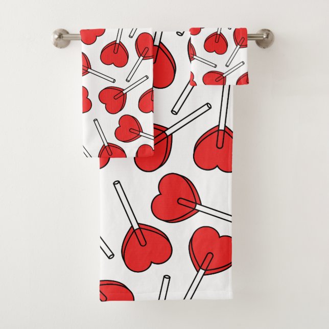 Red Lollipops, Heart Lollipops, Lollipop Pattern Bath Towel Set (Insitu)