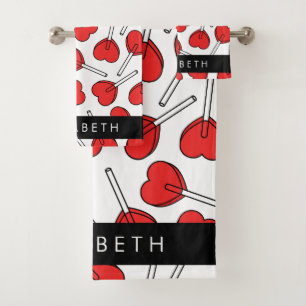 Red Lollipops, Heart Lollipops, Lolly, Your Name Bath Towel Set