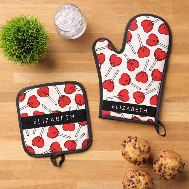 Red Lollipops, Heart Lollipops, Lolly, Your Name Oven Mitt & Pot Holder Set (Top Down)