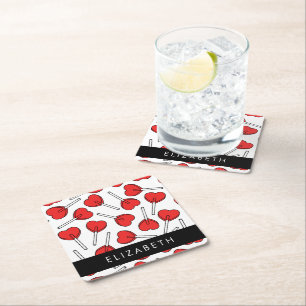 Red Lollipops, Heart Lollipops, Lolly, Your Name Square Paper Coaster