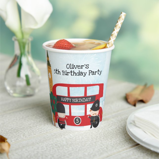 Red London Bus and Clock Tower Kids Birthday Party Paper Cups (Insitu)