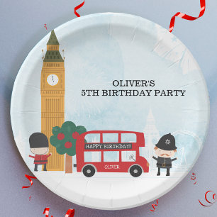 Red London Bus & Clock Tower Kids Birthday Party Paper Plate