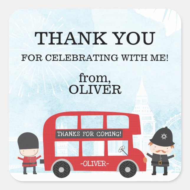 Red London Bus Kids Bday Party Thank You Favour Square Sticker (Front)
