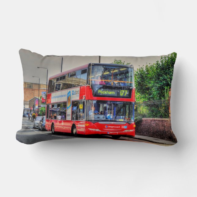 Red London Bus Street Scene Photo Artwork III Lumbar Cushion (Front)