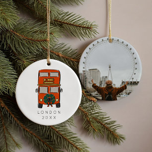 Red London Double Decker Bus Christmas Photo  Ceramic Tree Decoration