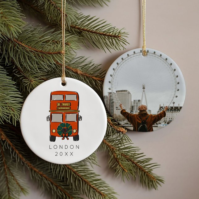 Red London Double Decker Bus Christmas Photo  Ceramic Tree Decoration (Red London Double Decker Bus Christmas Photo Ceramic Ornament)