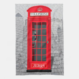 Red London Phone Booth Skyline Tea Towel