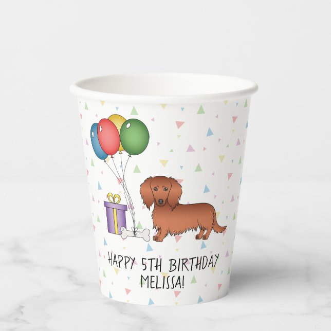 Red Long Hair Dachshund Cartoon Dog Happy Birthday Paper Cups (Front)
