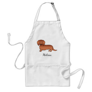 Red Long Hair Dachshund Cute Cartoon Dog & Name Standard Apron