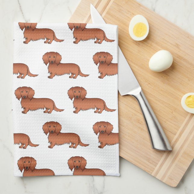 Red Long Hair Dachshund Cute Cartoon Dog Pattern Tea Towel (Quarter Fold)