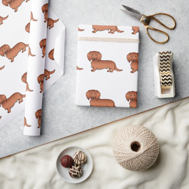 Red Long Hair Dachshund Cute Cartoon Dog Pattern Wrapping Paper (Crafts)