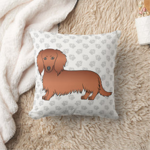 Red Long Hair Dachshund Cute Cartoon Dog & Paws Cushion