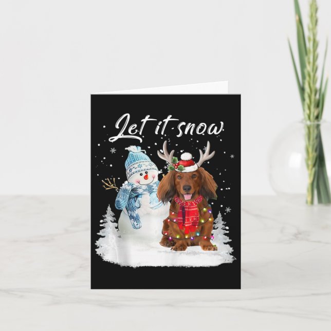 Red Long Haired Dachshund Santa Dog Christmas Snow Card (Front)