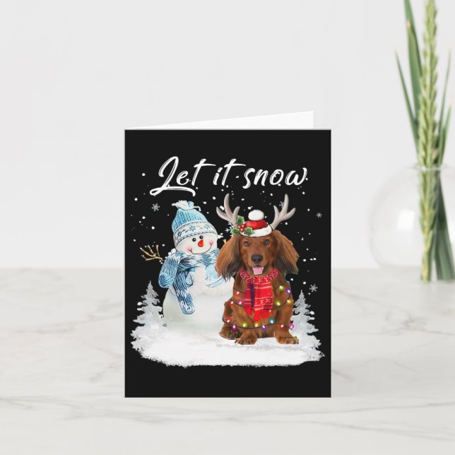 Red Long Haired Dachshund Santa Dog Christmas Snow Card (Front)