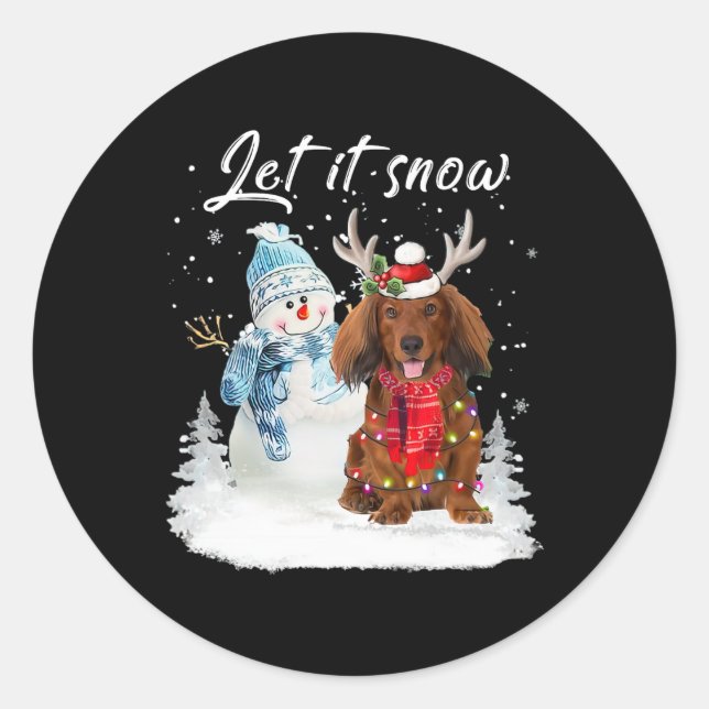 Red Long Haired Dachshund Santa Dog Christmas Snow Classic Round Sticker (Front)