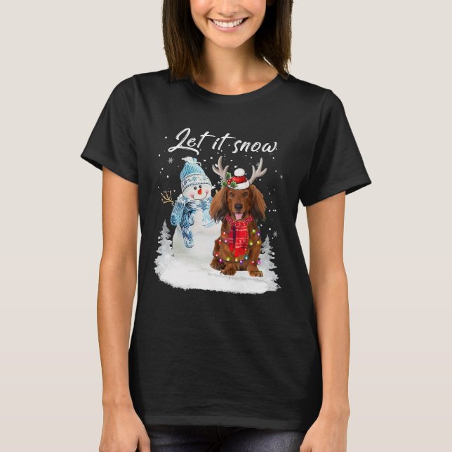Red Long Haired Dachshund Santa Dog Christmas Snow T-Shirt (Front)
