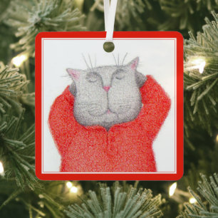 RED LONG JOHNS CAT Metal Square Ornament