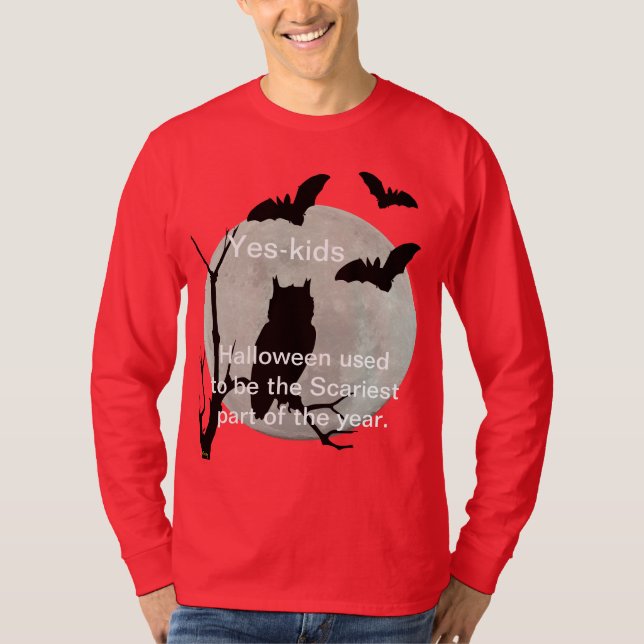Red Long Sleeve Halloween Owl & Bats T-Shirt (Front)