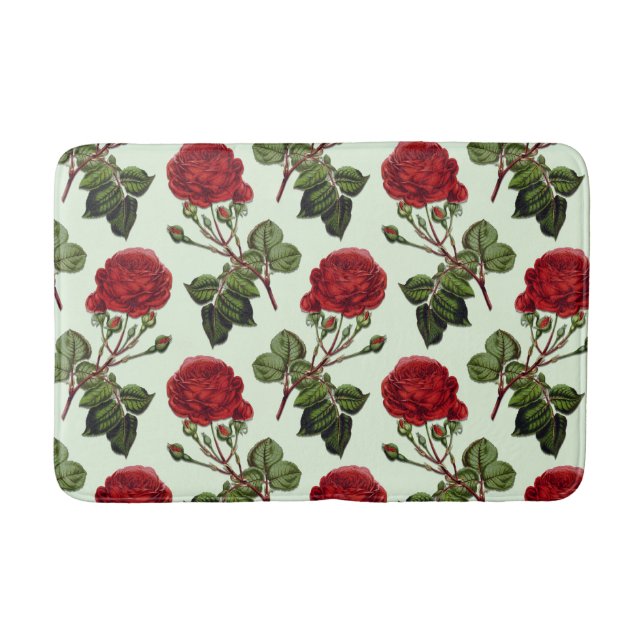 Red Long Stem Rose Pattern Green Background Bath Mat (Front)