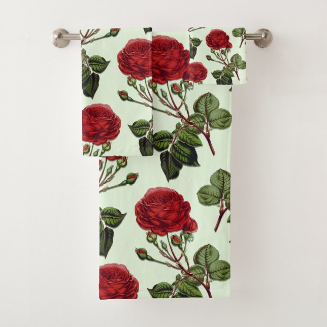 Red Long Stem Rose Pattern Green Background Bath Towel Set (Insitu)