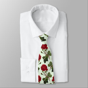 Red Long Stem Rose Pattern Green Background Tie