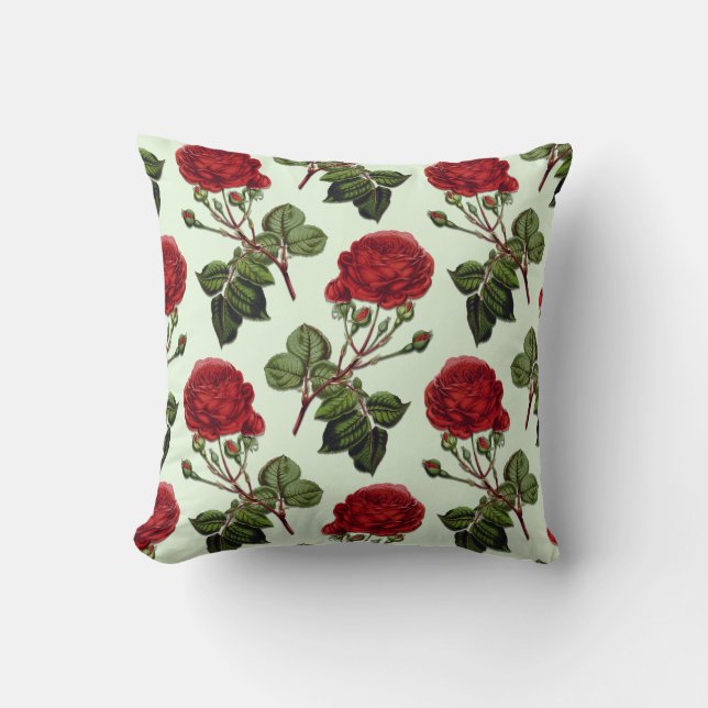 Red Long Stem Rose Pattern Mint  Green Back  Cushion (Front)