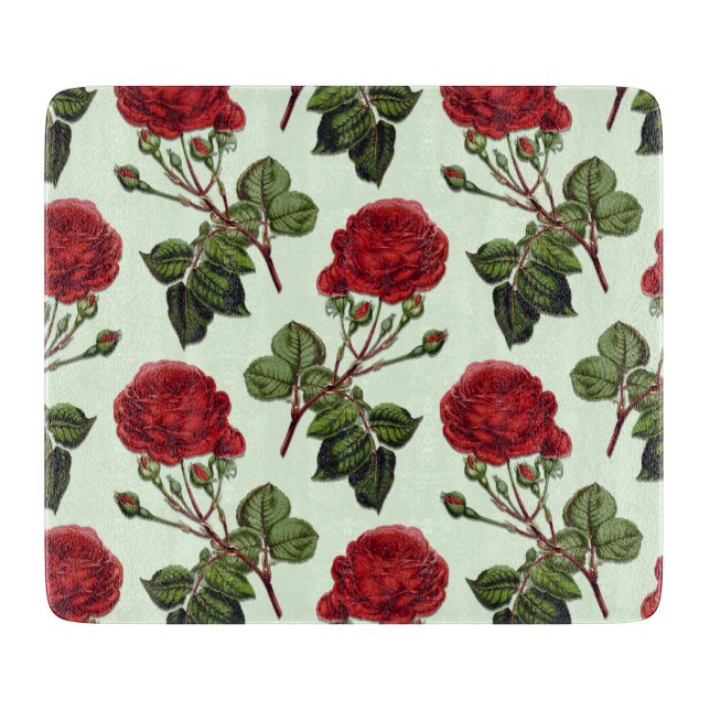 Red Long Stem Rose Pattern Mint Green Background Cutting Board (Front)