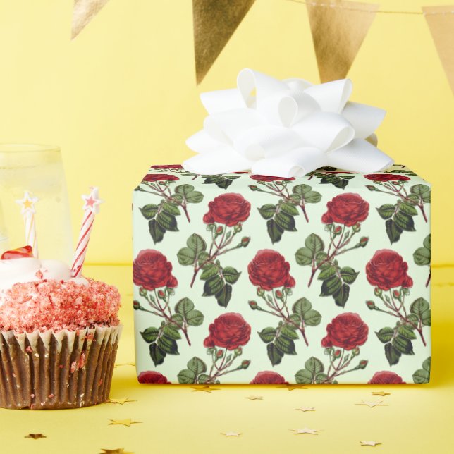 Red Long Stem Rose Pattern Mint Green Background Wrapping Paper (Birthday Party)