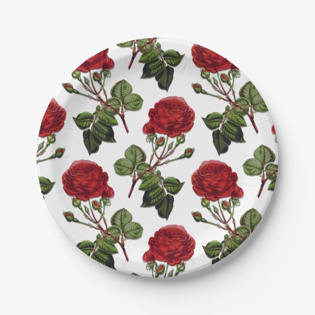 Red Long Stem Rose Pattern Paper Plate (Front)
