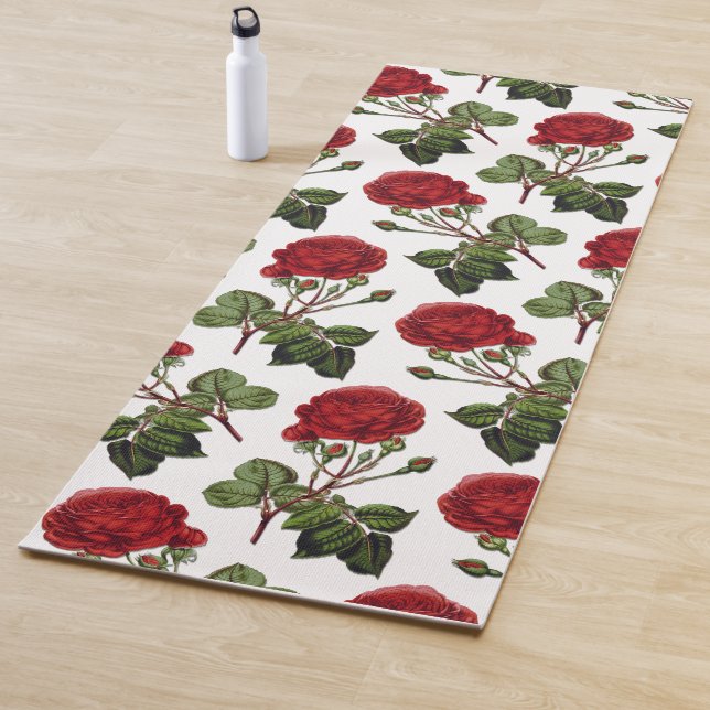 Red Long Stem Rose Pattern Yoga Mat (In Situ)