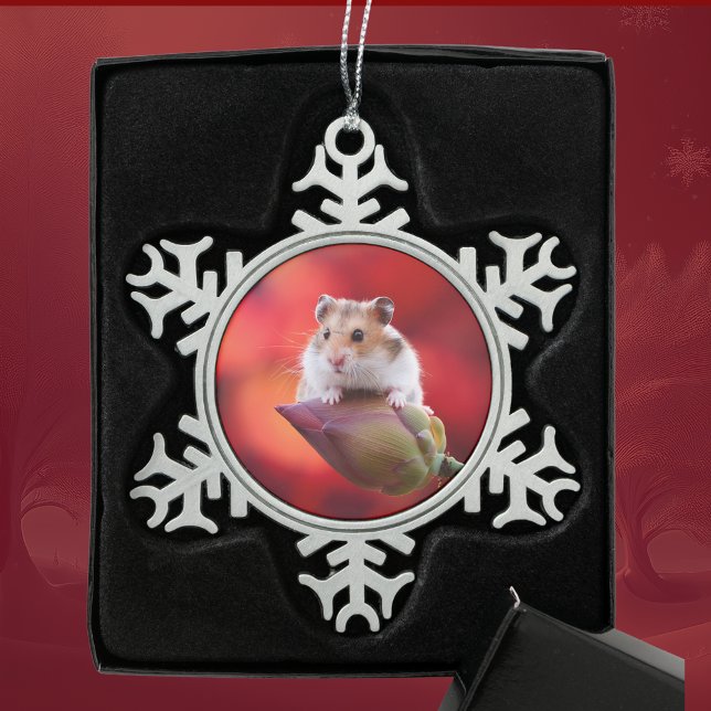 Red Lotus Bud Hamster Snowflake Pewter Christmas Ornament (Creator Uploaded)