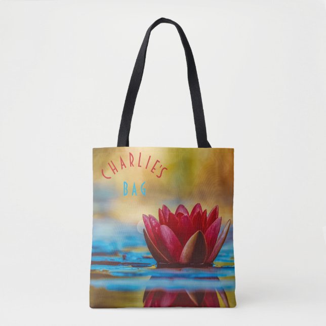 Red Lotus Flower Blue and Gold Accents Tote Bag (Front)