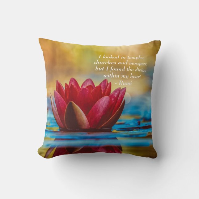 Red Lotus Flower on Blue Water Spiritual Quote Cushion (Front)