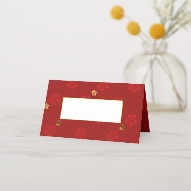 Red Lotus Flower Pattern Wedding Folded Place Card (Front)