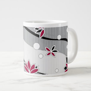 Red Lotus Flowers on Grey Stripes Large Coffee Mug