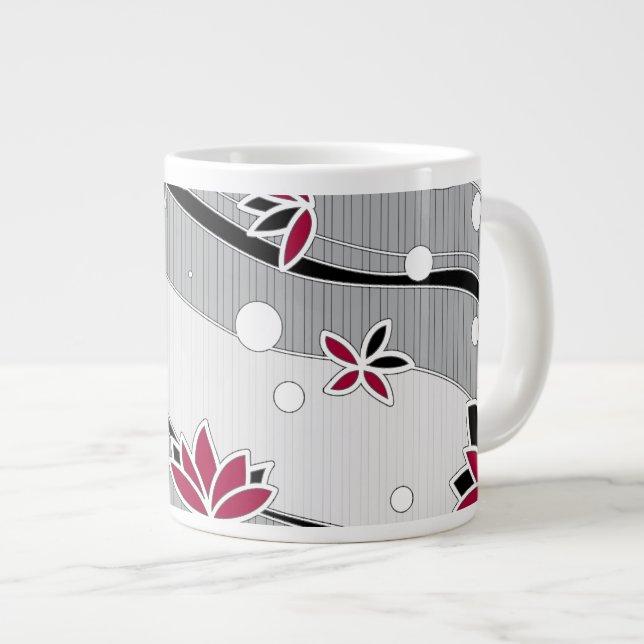 Red Lotus Flowers on Grey Stripes Large Coffee Mug (Front Right)