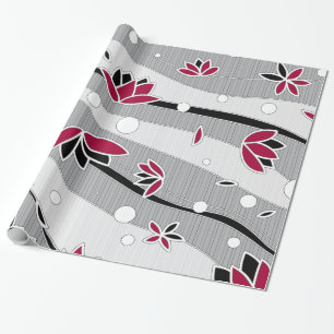Red Lotus Flowers on Grey Stripes Wrapping Paper