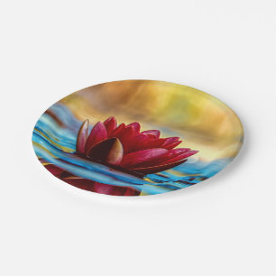 Red Lotus Water Lily Flower Paper Plate