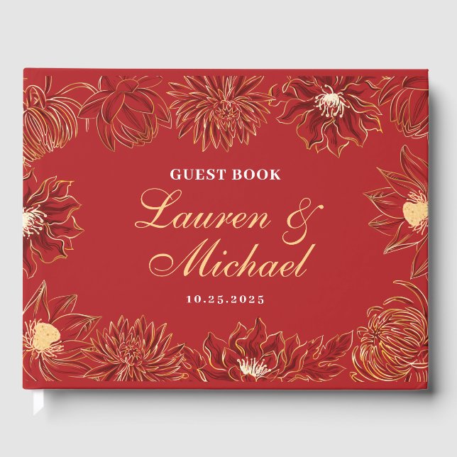 Red Lotus Waterlily Flower Oriental Floral Wedding Guest Book (Front)