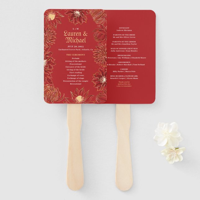 Red Lotus Waterlily Flower Oriental Floral Wedding Hand Fan (Front and Back)