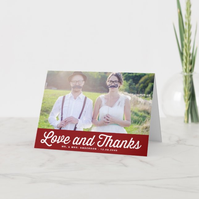 Red Love and Thanks Retro Photo Wedding Thank You Card (Front)