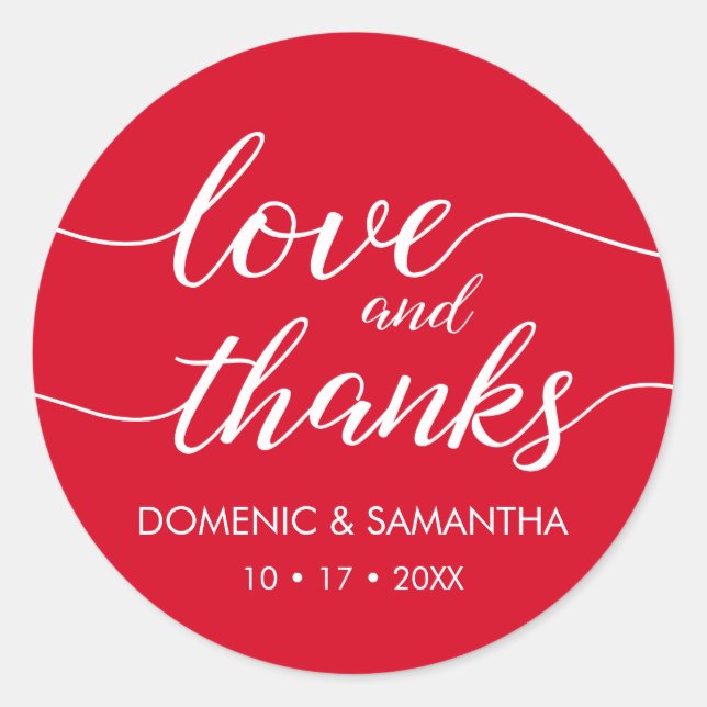 Red Love and Thanks Script Wedding Thank you Classic Round Sticker (Front)