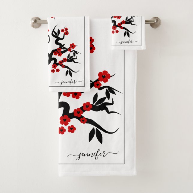 Red love birds cherry tree, blossoms black border bath towel set (Insitu)