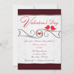 Red Love Birds Damask Valentine's Day Invitations