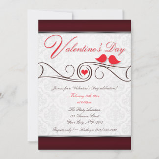 Red Love Birds Damask Valentine's Day Invitations