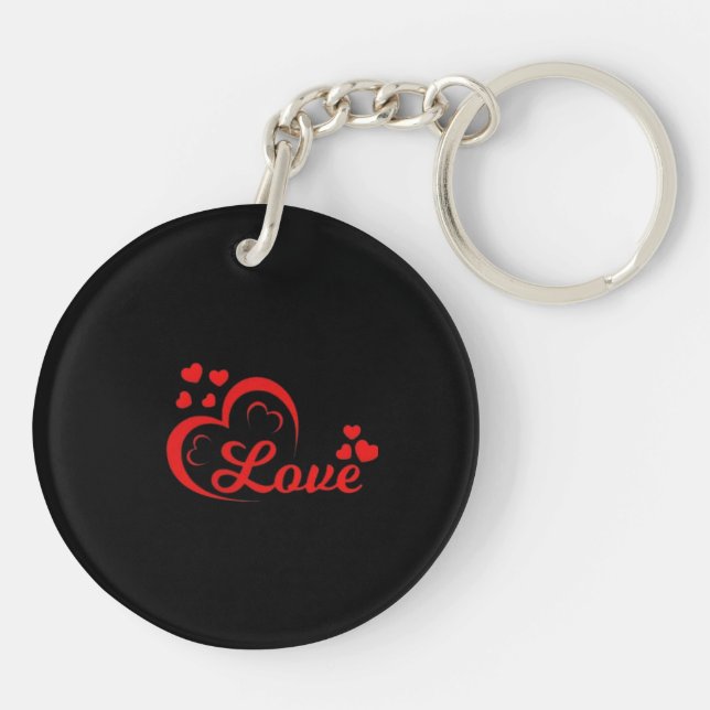 Red Love Heart Acrylic Round Keychain  (Back)