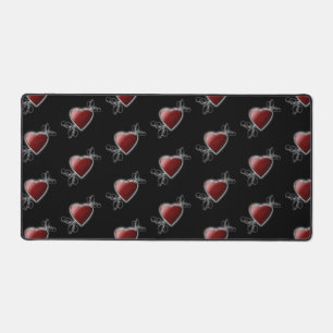 Red Love Heart Glowing Against Midnight Black Desk Mat