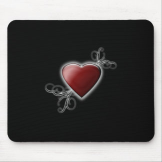 Red Love Heart Glowing Against Midnight Black Mouse Pad